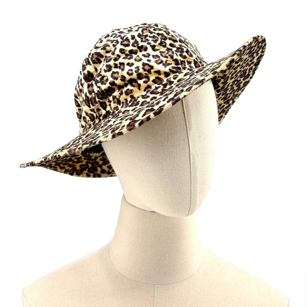 Vintage 90s Leopard Velvet Gold Studded Wire Brim Bucket Hat